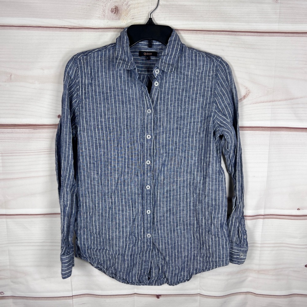 Quince Button Down Shirt Women Small Blue Striped Long Sleeve Linen Top Casual